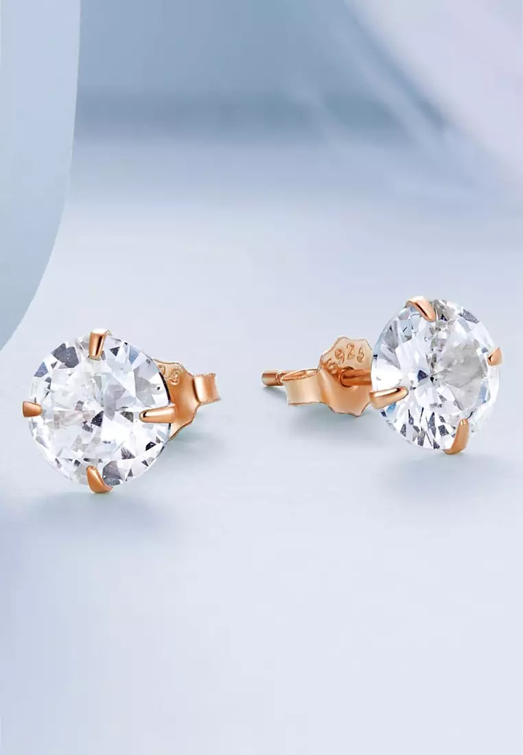 Solid Silver Mary Anne Crystal Stud Earrings In Rose Gold