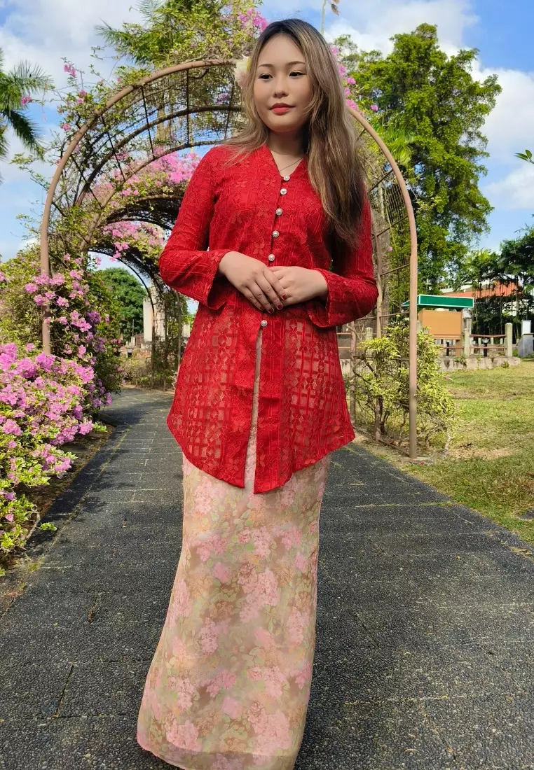 Loveaisyah Red Checkered Lace Kebaya Top & Floral Chiffon Skirt Hari Raya