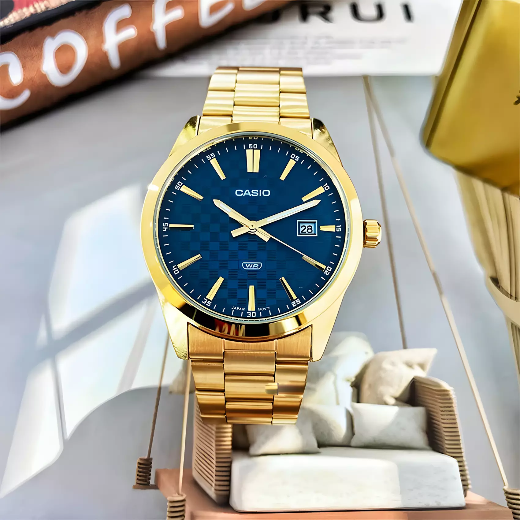 Casio MTP-VD03G-2A - Jam Tangan Analog Pria Blue Dial - All Gold Stainless Steel