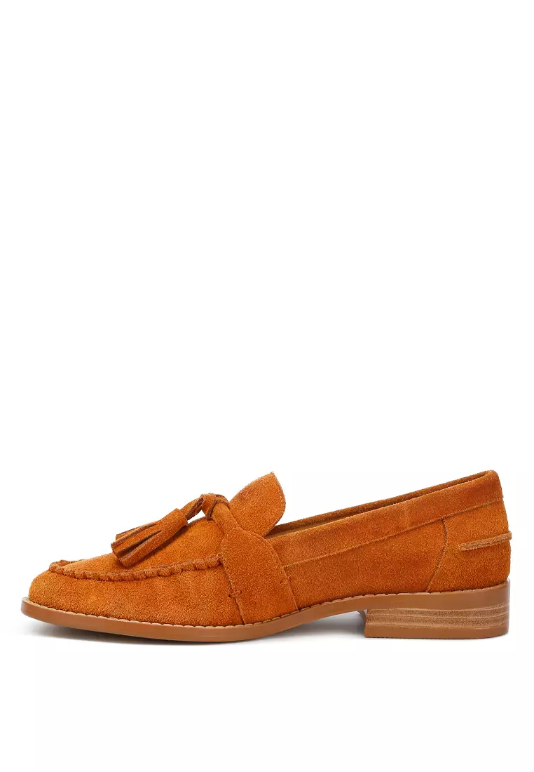 Tan Tassels Detail Suede Loafers