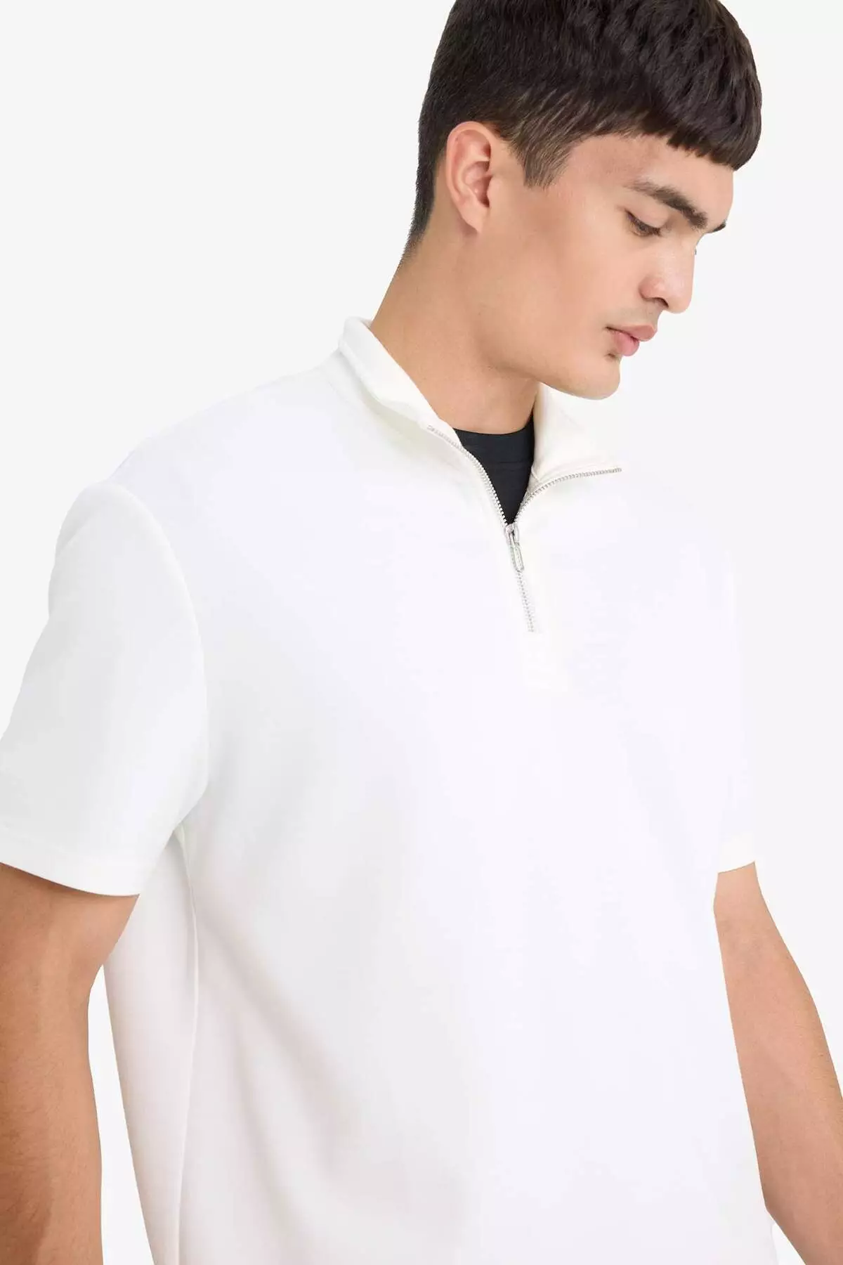 Regular Fit Stand Collar Half Zipper Heavy Fabric Short Sleeve T-Shirt B6502Ax25Sp