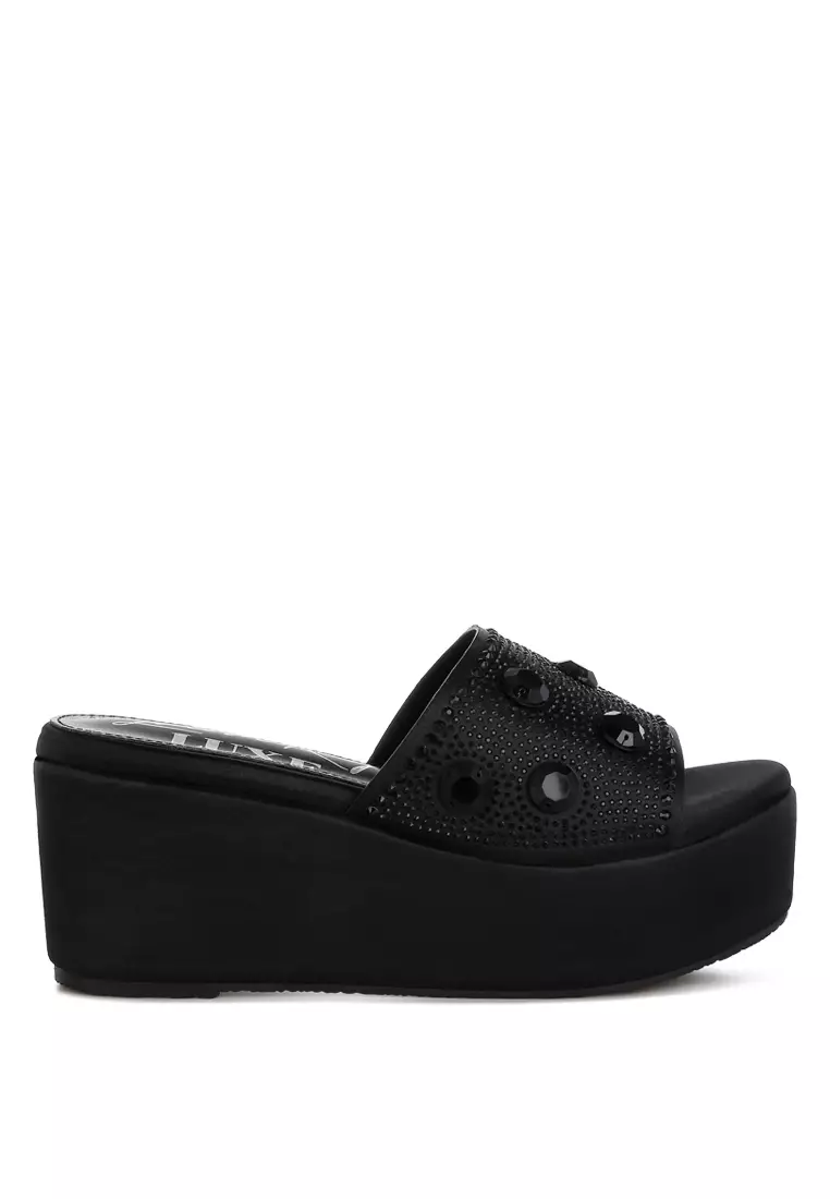 London Rag Diamante Rhinestone Flatform Sandals in Black 2025