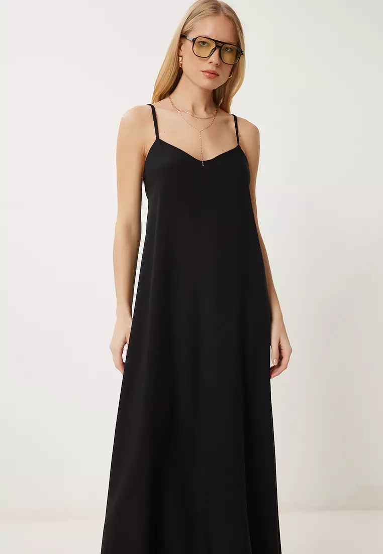Women's Black Strap Summer Long Viscose Dress Fg00024