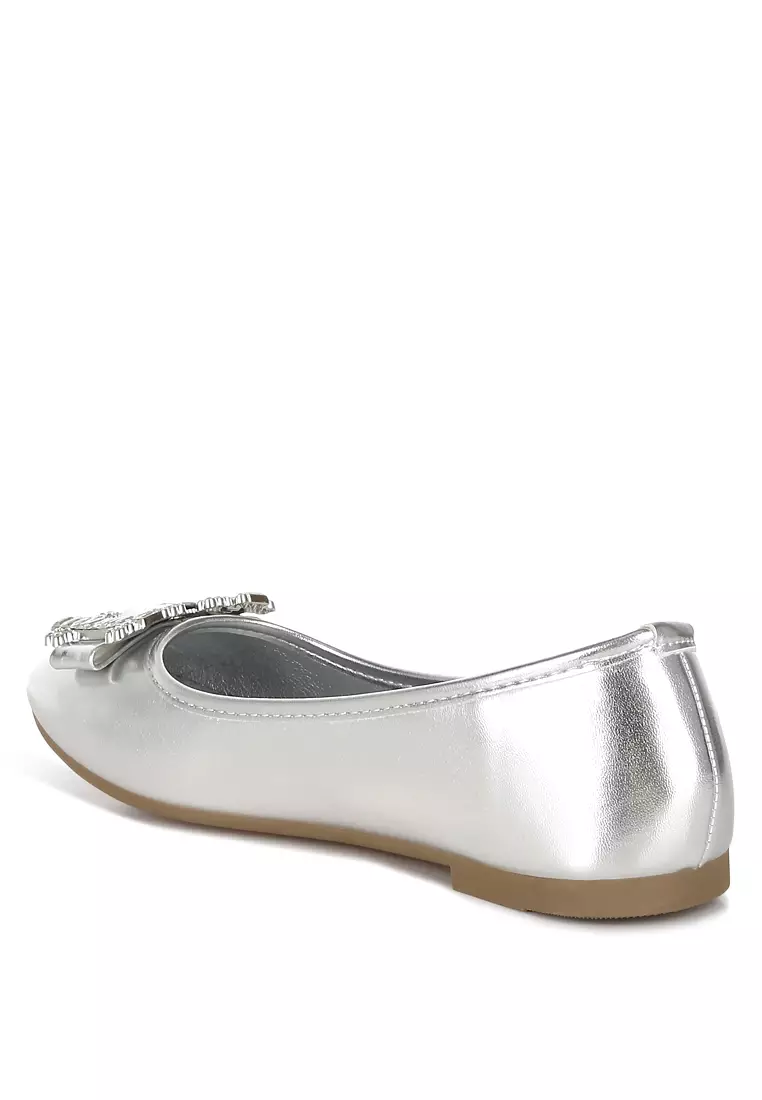 Rhinestone Buckle Metallic Ballerinas in Silver