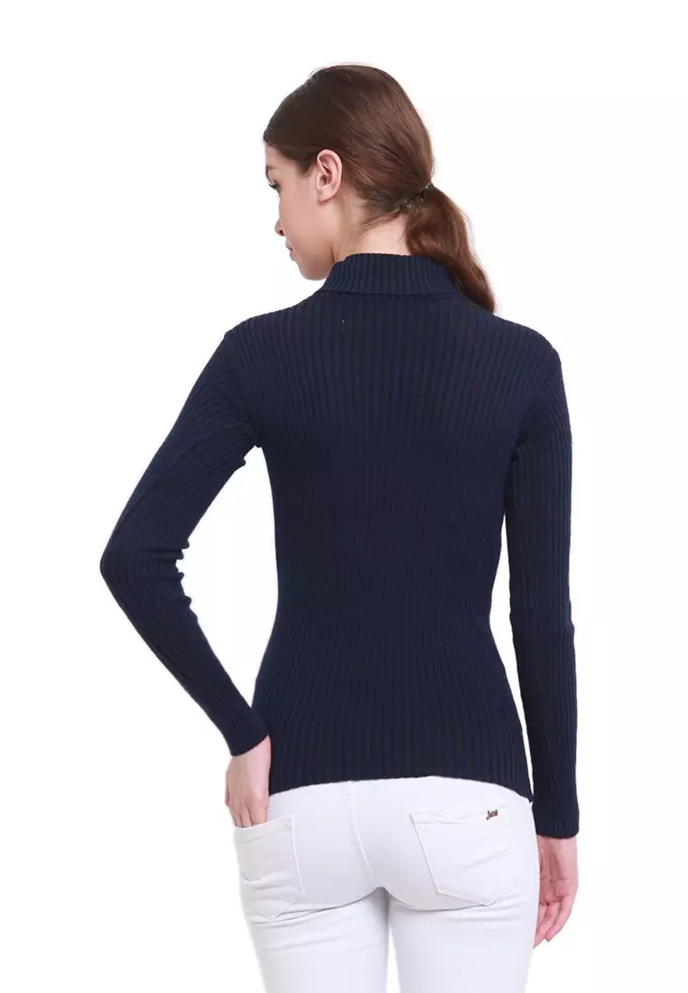 Misel Sweater Rajut Turtle Neck Long Sleeves Atasan Ribbed Wanita - Navy
