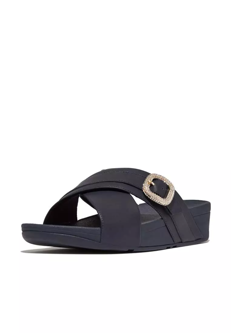 FitFlop LULU Crystal-Buckle Leather Cross Slides - Midnight Navy (HO1-399)