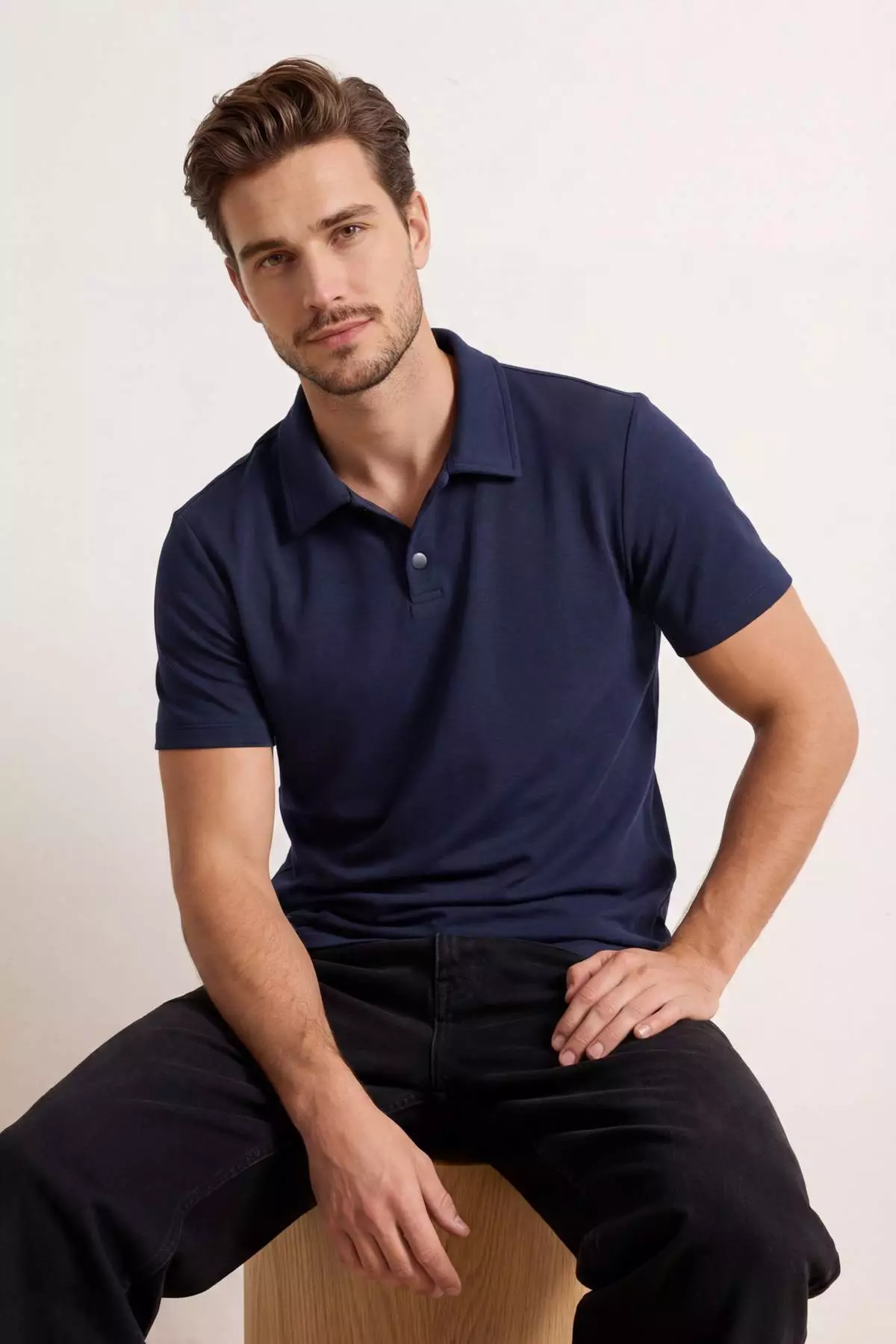 Navy Blue Regular/Normal Fit Soft Button Polo Neck T-Shirt Tmnss26Po00006