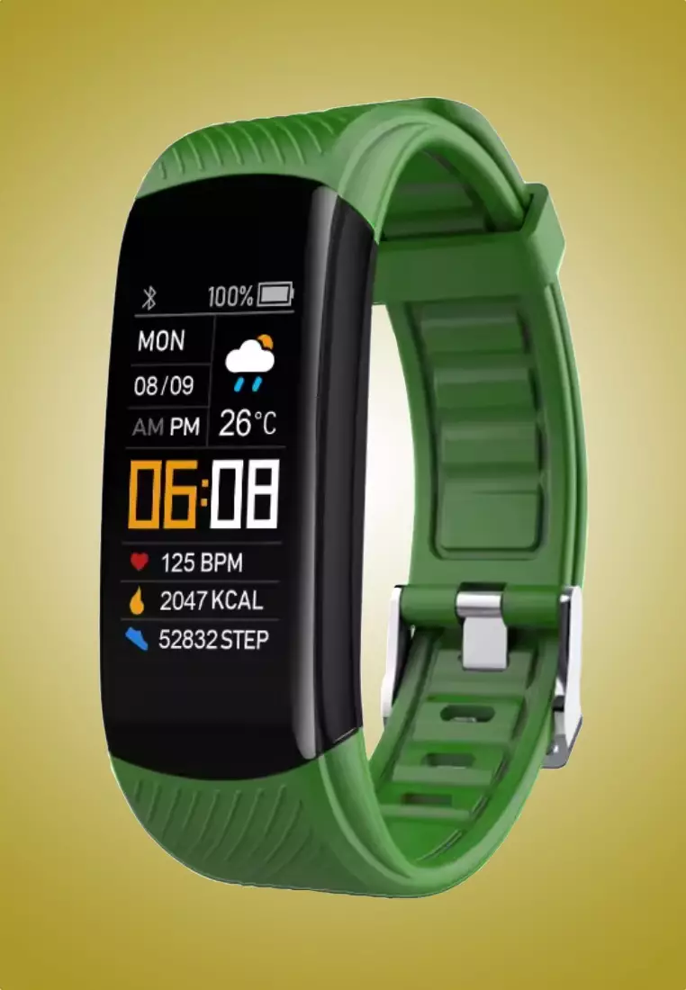 Unisex IOS/Android IP Black Waterproof Fitness SmartWatch, Heart Rate Monitoring, Weather, Clock, with Green Rubber Strap