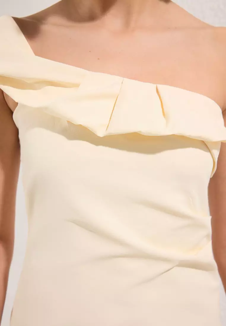Light Beige Stone Single Shoulder Slim Fit Woven Blouse Twoss25Bz00522