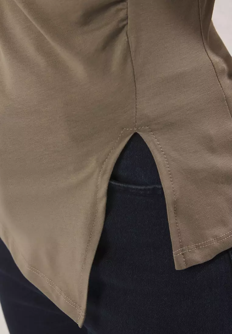 Khaki Gather/Drape Detailed Slit Asymmetrical Fitted/Body Fitted Knitted Blouse Twoss25Bz00380