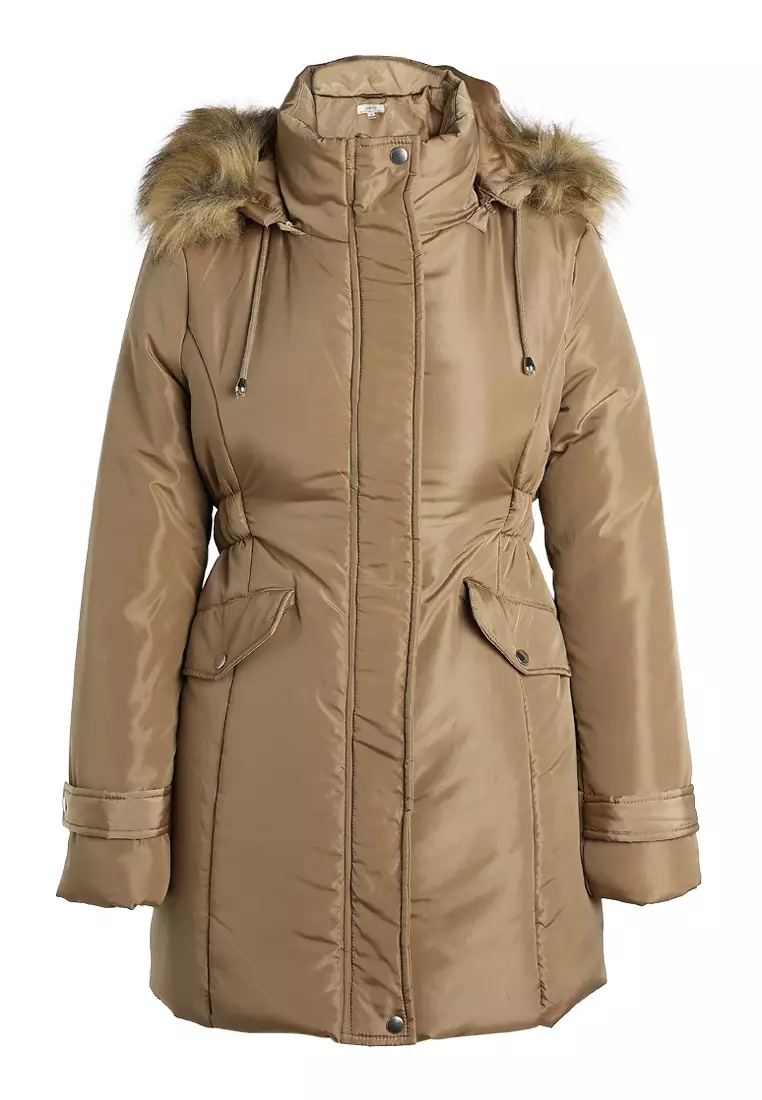 Faux Fur Collar Long Puffer Jacket in Beige