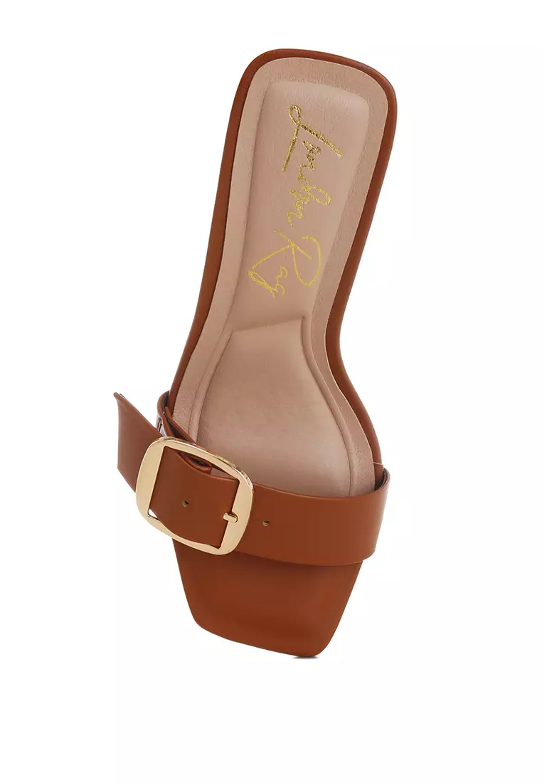 Buckle Strap Slip On Sandals in Tan