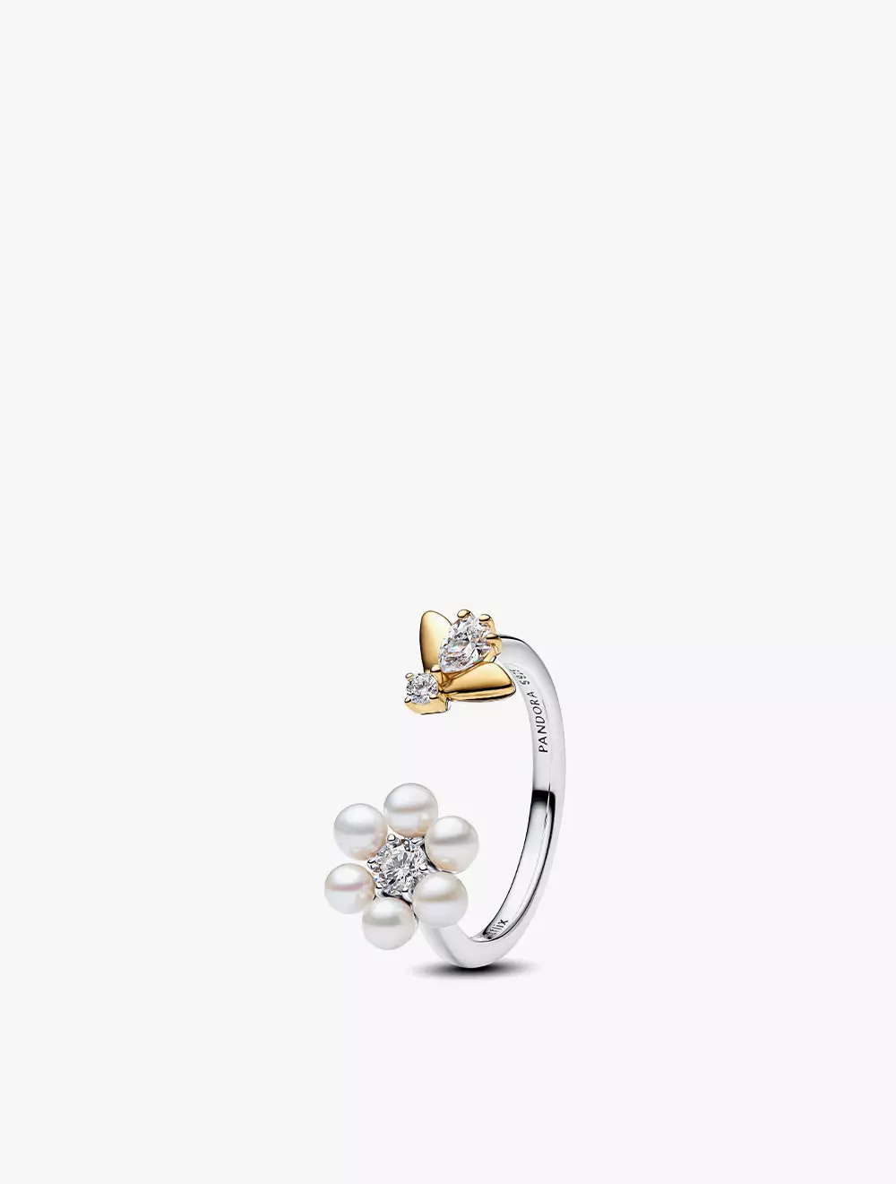 Flower And Bee Sterling Silver And 14K Gold-Plated Open Ring With Treated White Freshwater Cultured Pearl And Clear Cubic Zirconia - 52