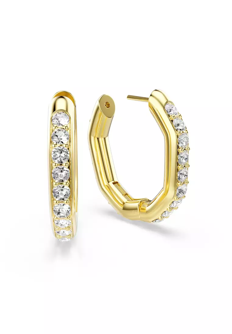 Dextera hoop earrings, Octagon shape, Round cut, White, Gold-tone plated