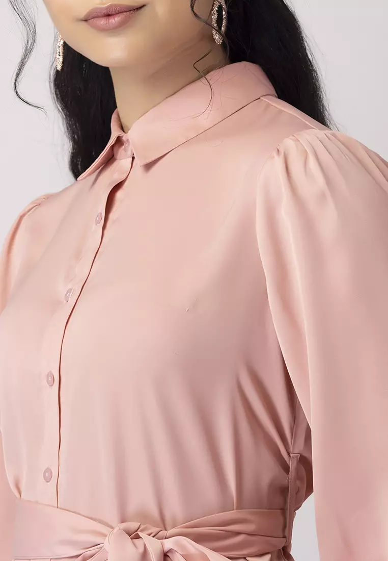 Light Pink Collared Shirt With Pants And Belt Co-ord Set