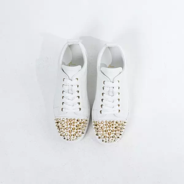 Sepatu CL CHRISTIAN LOUBOUTIN LOUIS JUNIOR SPIKE GOLD ALL WHITE LEATHER SNEAKER 100% ORIGINAL