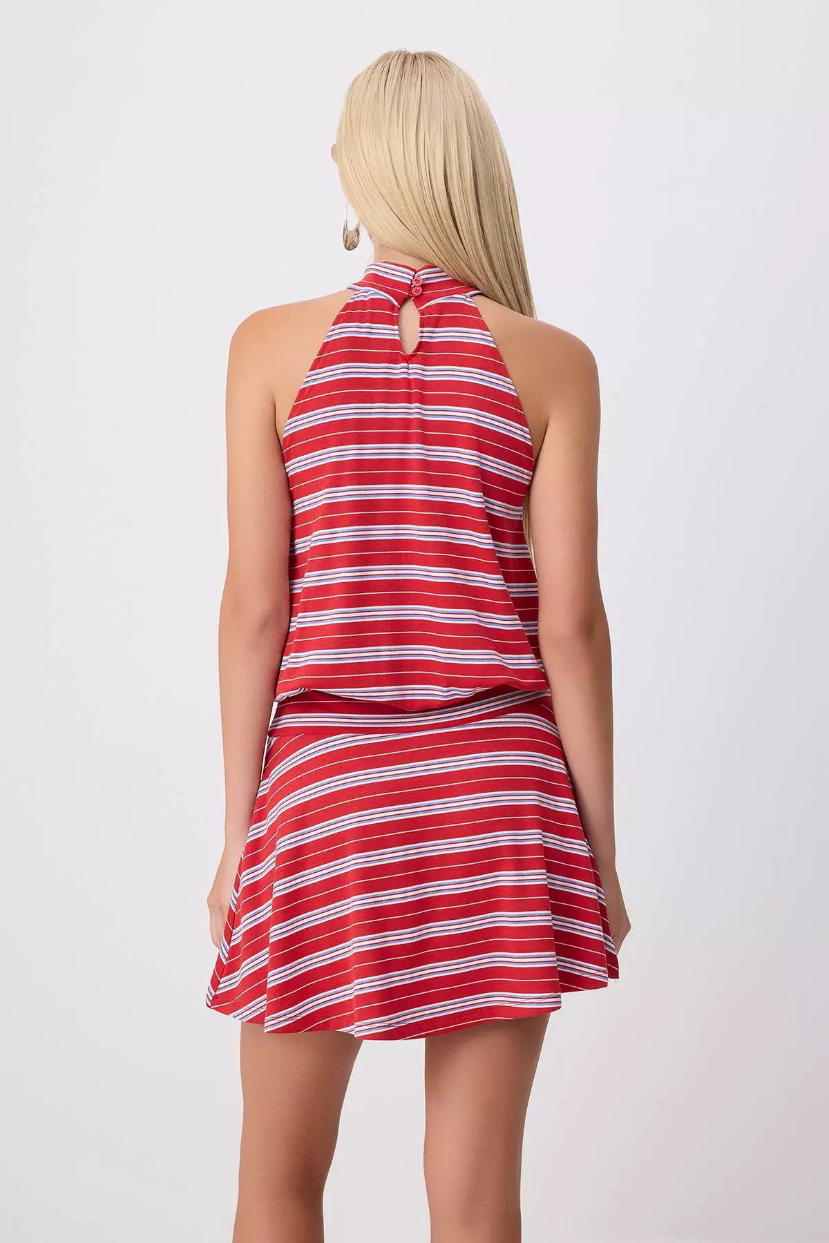 Red Striped Skater Halter Neck Sleeveless Mini Soft Knitted Dress Twoss26El00254