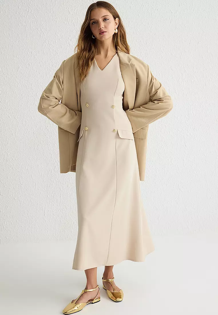 MODEST Gold Button V-Neck Dress
