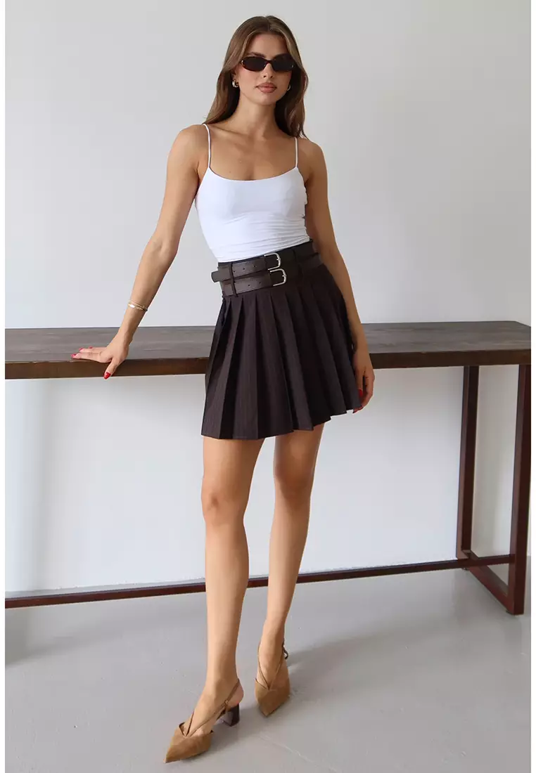 Double Belted Pleated Mini Woven Skirt