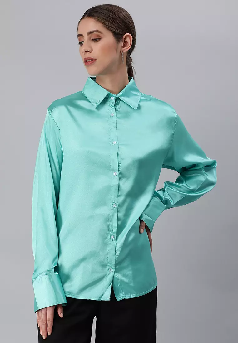 Buy London Rag Aqua Long Sleeve Satin Shirt Blouse Online | Zalora Malaysia