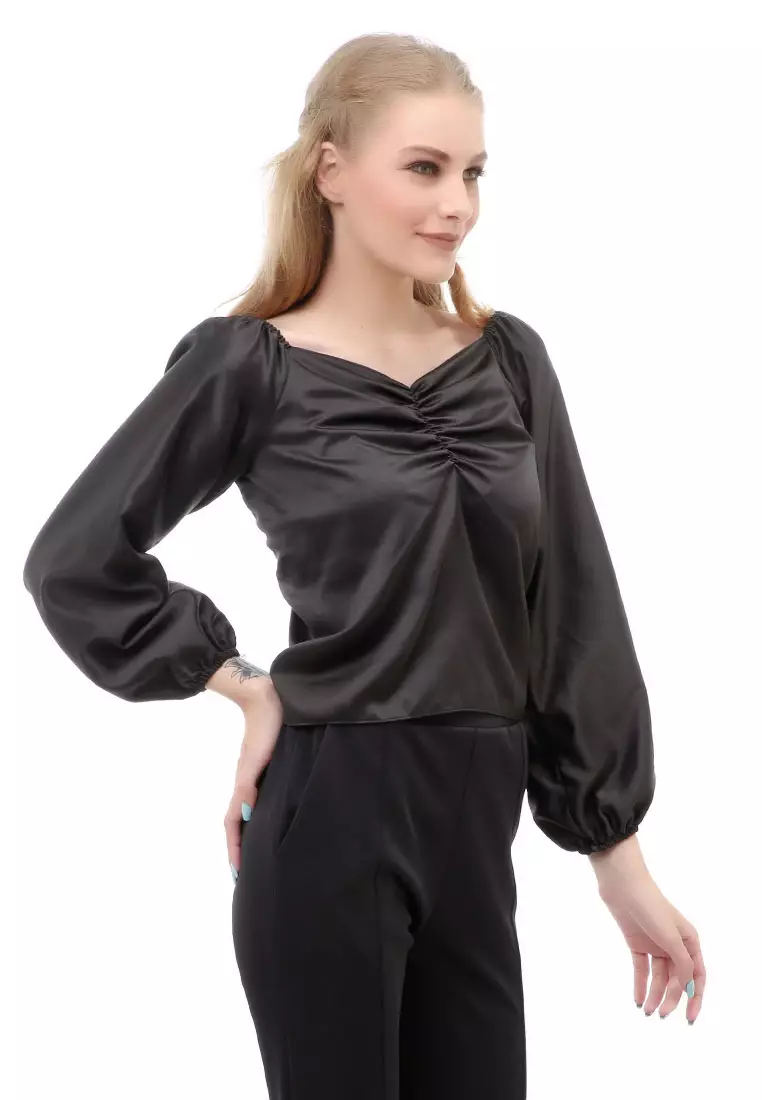 Cheva Blouse Casual Wanita Sabrina Kerut Dada Lengan Panjang Material Satin ORIGINAL - Black