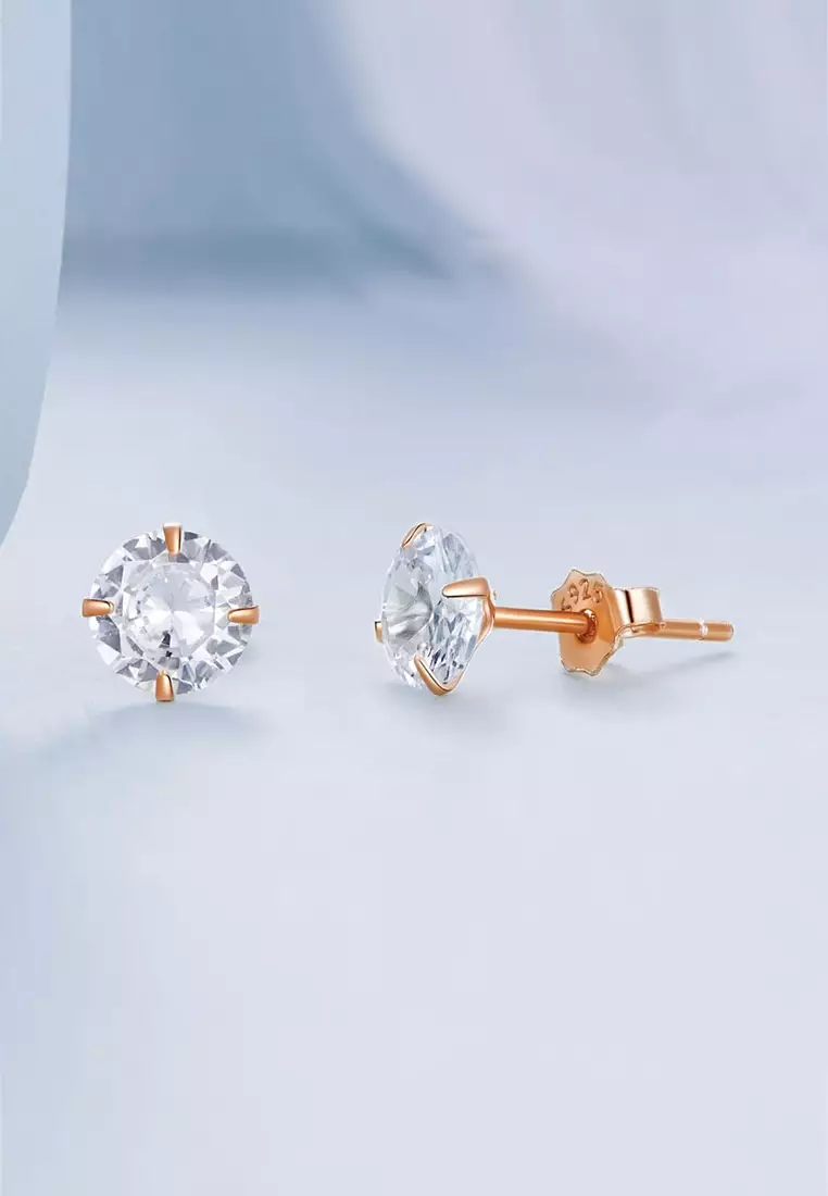 Solid Silver Mary Anne Crystal Stud Earrings In Rose Gold