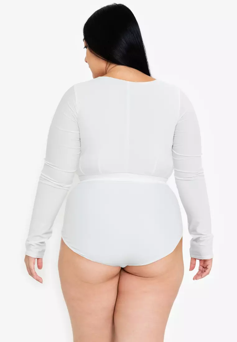 Buy Kats Clothing Plus Size White V-Cut Long Sleeve One Piece Swimsuit with  Belt 2024 Online