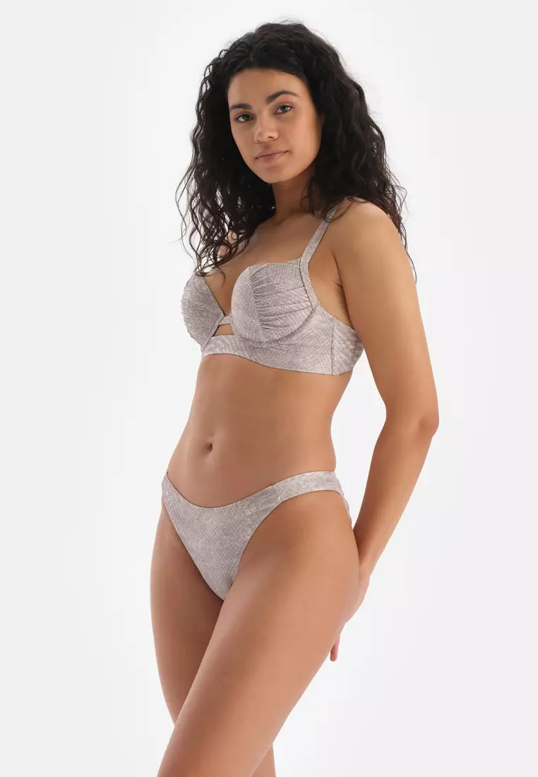 Beige Bikini Tops, Animal Printed, Full-Cup, Padded, Underwire, Swimwear for Women