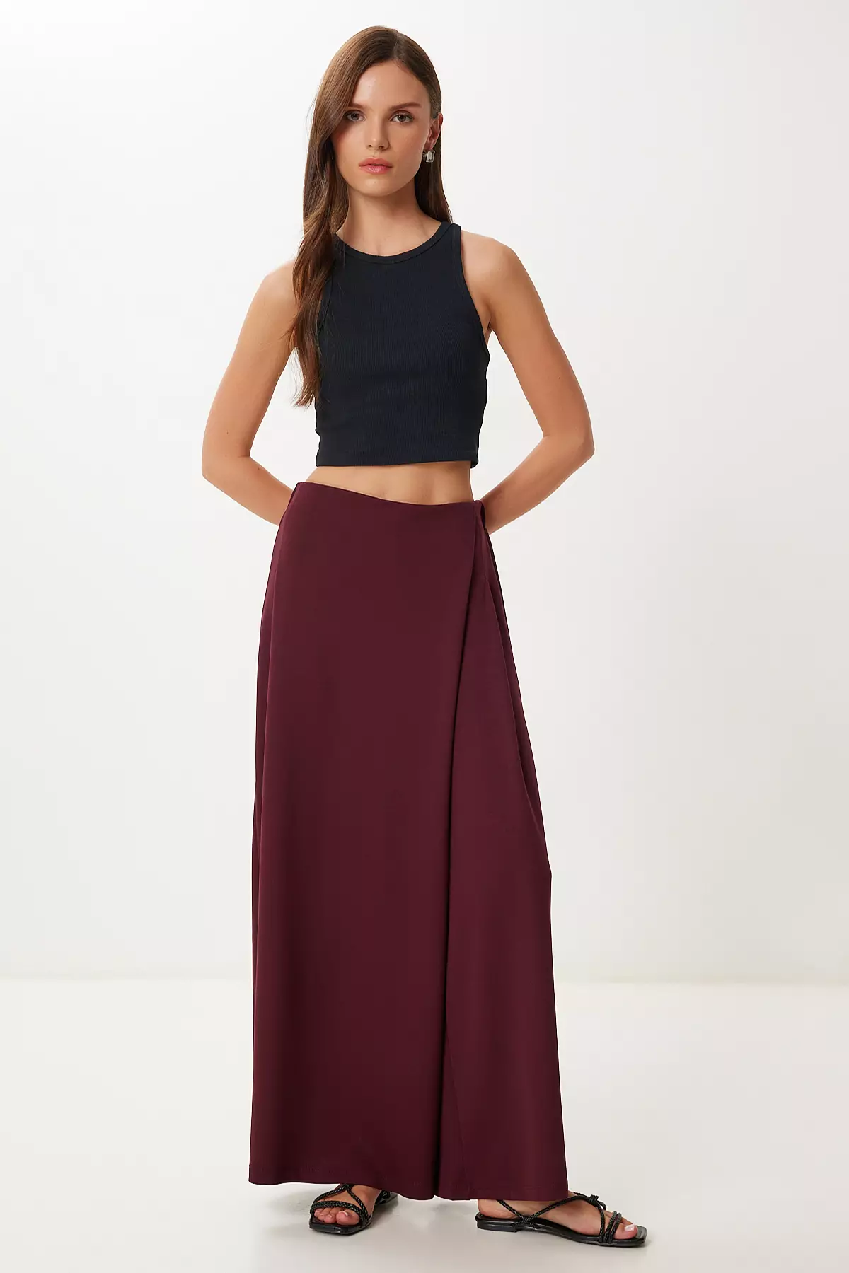 Women's Burgundy Skirt Look Flexible Knitted Baggy Trousers Cr00520