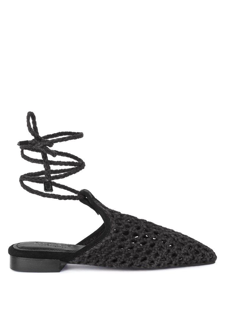 Black Handwoven Honeycomb Cotton Tie Up Mule Flats