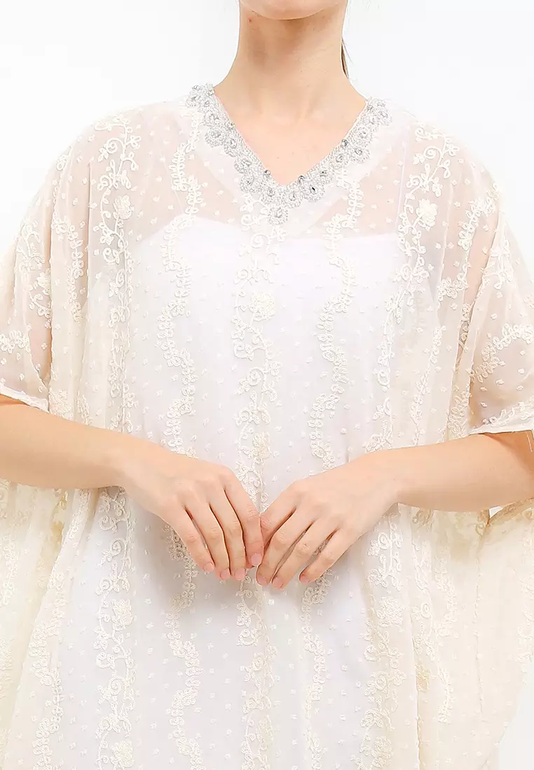 Embellished V Neck Emb Swissdot Chiffon Kaftan