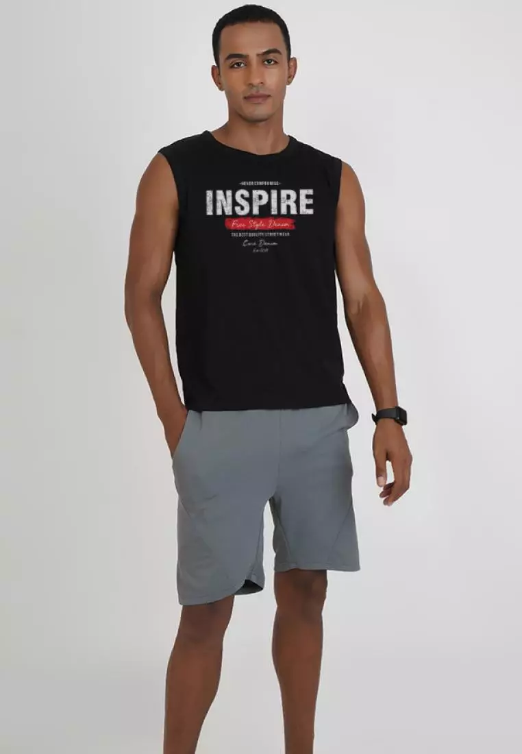 Inspire 图案黑色棉质无袖健身/训练背心