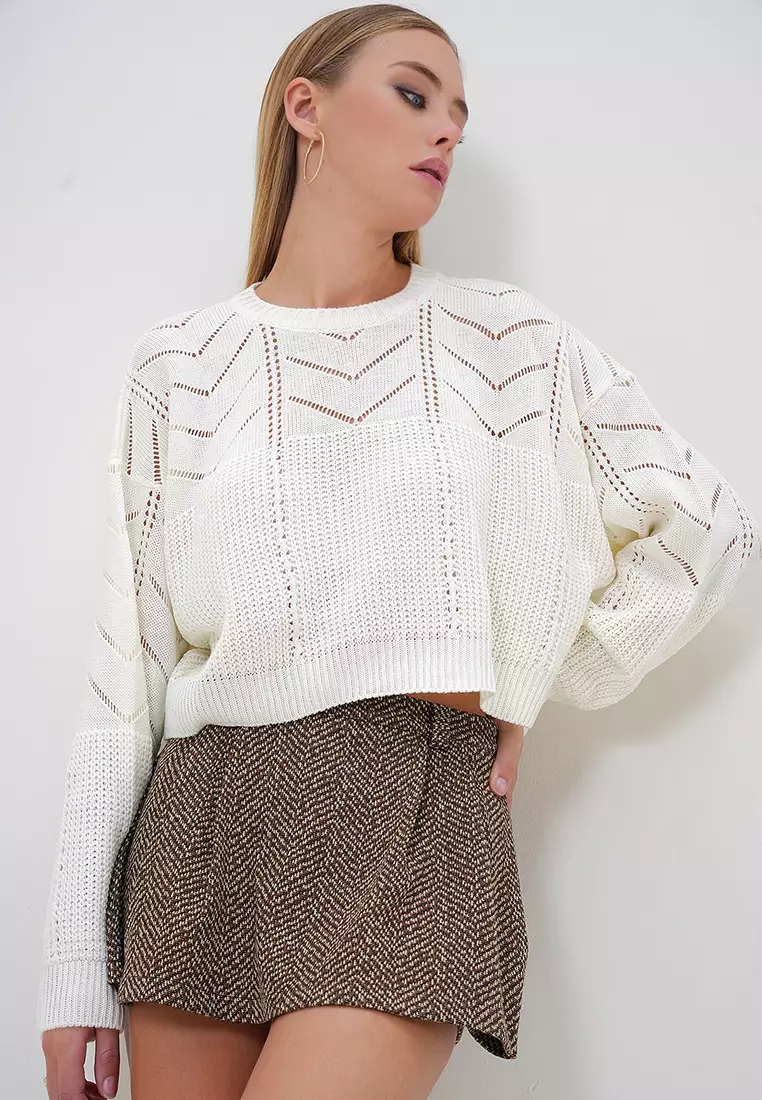 Crew Neck Openwork Knitted Sweater
