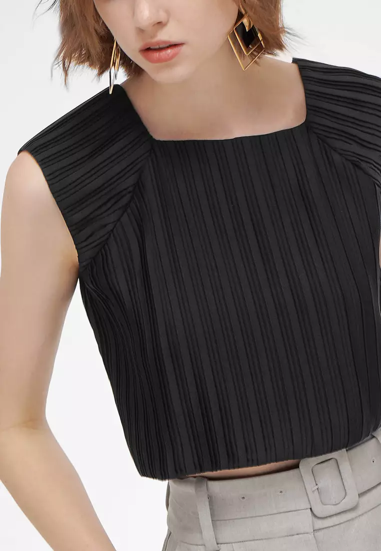 Square Neck Back Cutout Pleated Top
