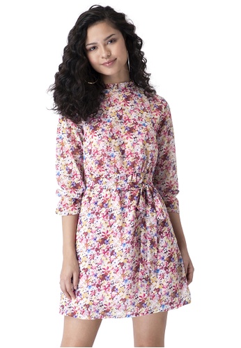 FabAlley multi Floral Belted High Neck Shift Dress 37614AAB881825GS_1