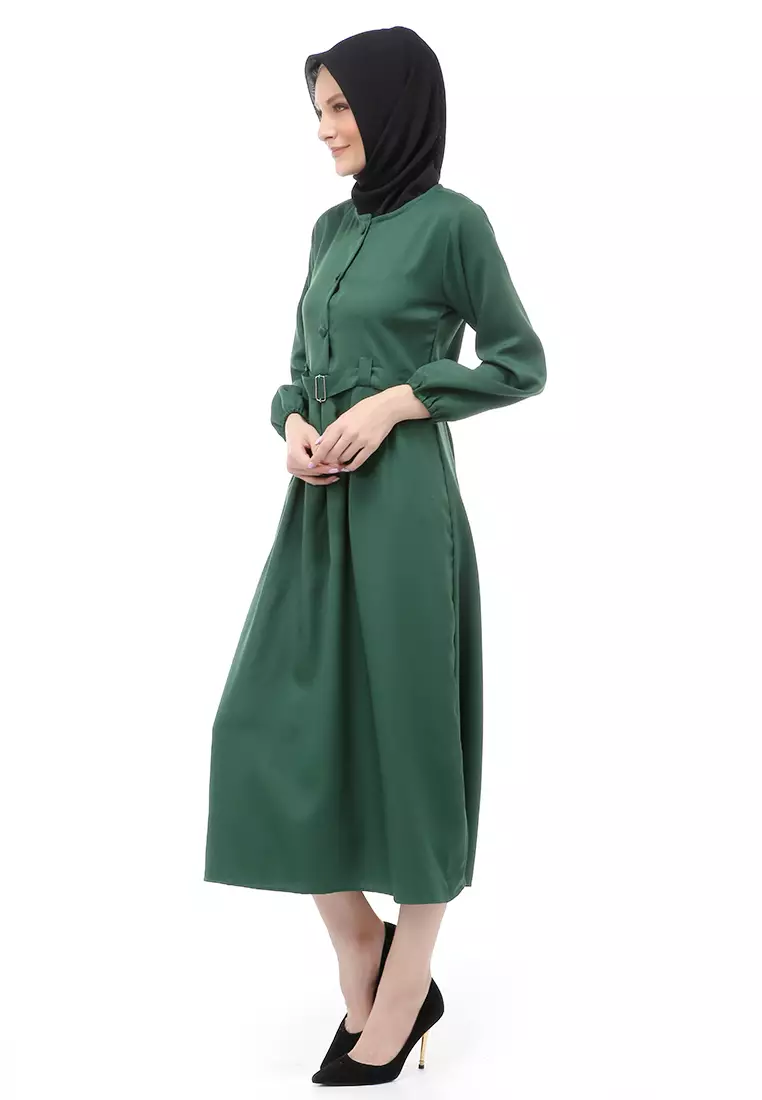 Berliana Gamis Muslimah Wanita With Belt Motif Polos Long Sleeve Relaxed Fit - Army
