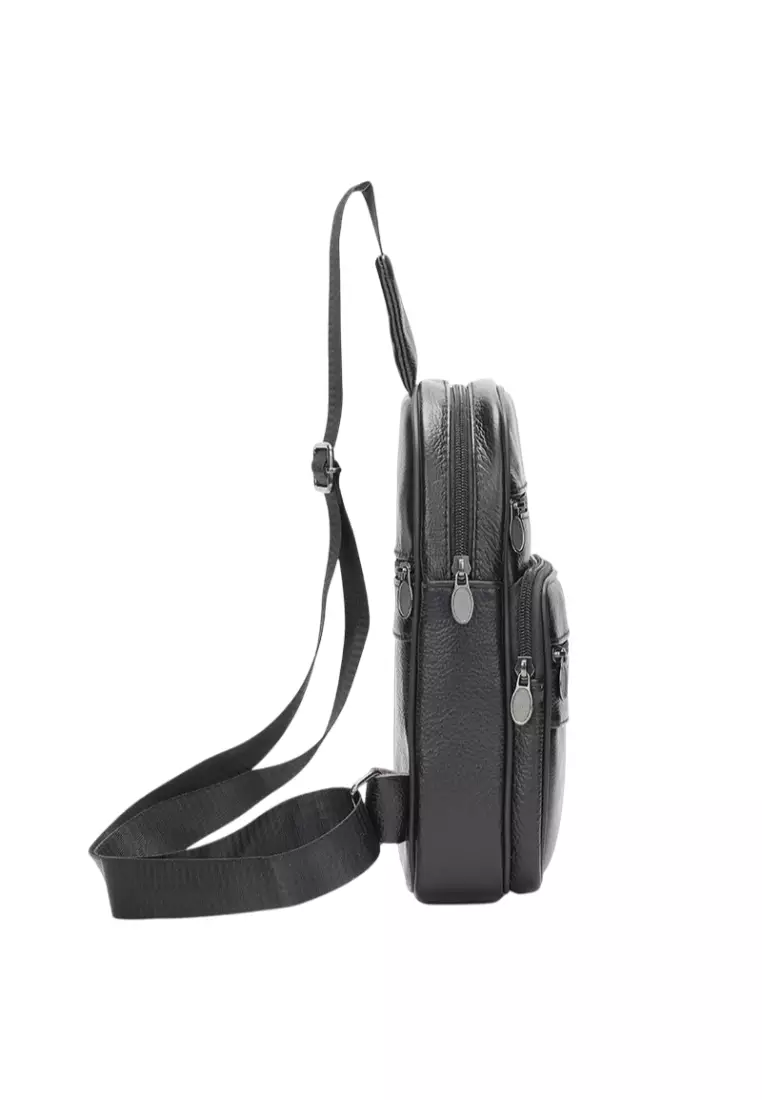 Lucien Hanna Men's Leather Sling Bag - Waterproof PU Leather Chest Shoulder Backpack With USB Port & Headphone Hole, Crossbody Bag For Travel