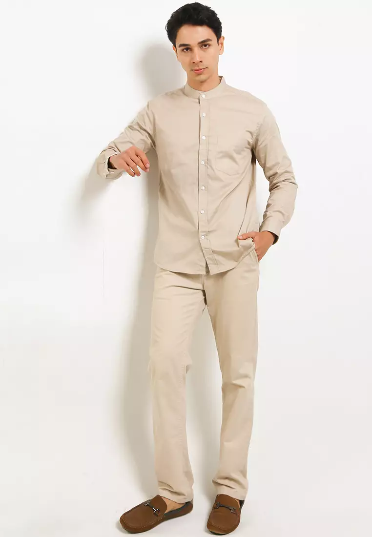 Cotton Well Badr Stand Collar Shirt Light Taupe | Kemeja Koko Lengan Panjang Krem