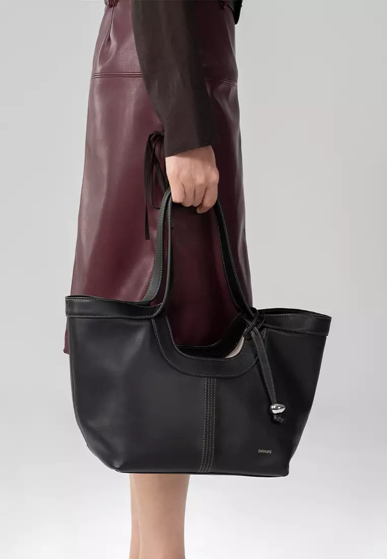 Scoop Top Basket Tote Bag - Black