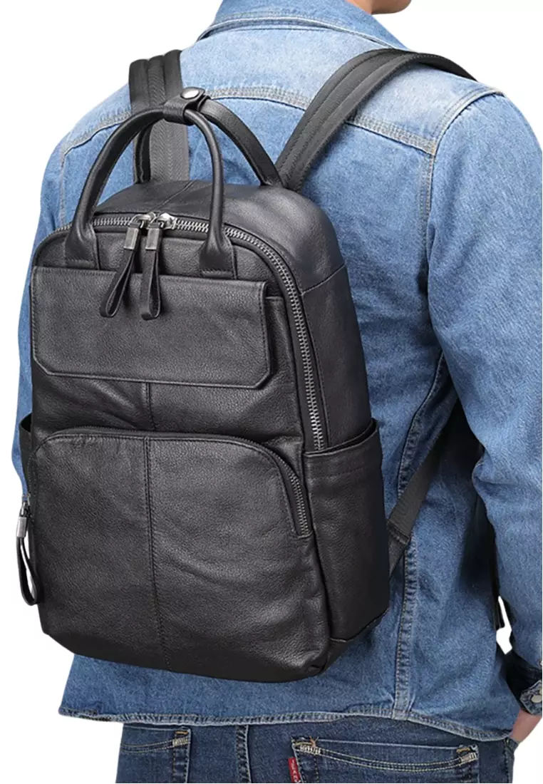 Men's Retro Plain Cow Leather Business Backpack
