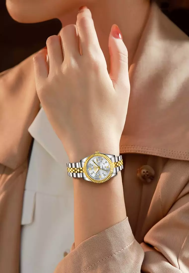 Ladies IP Gold Stainless Steel Quartz Watch, Date, Stainless Steel Bracelet