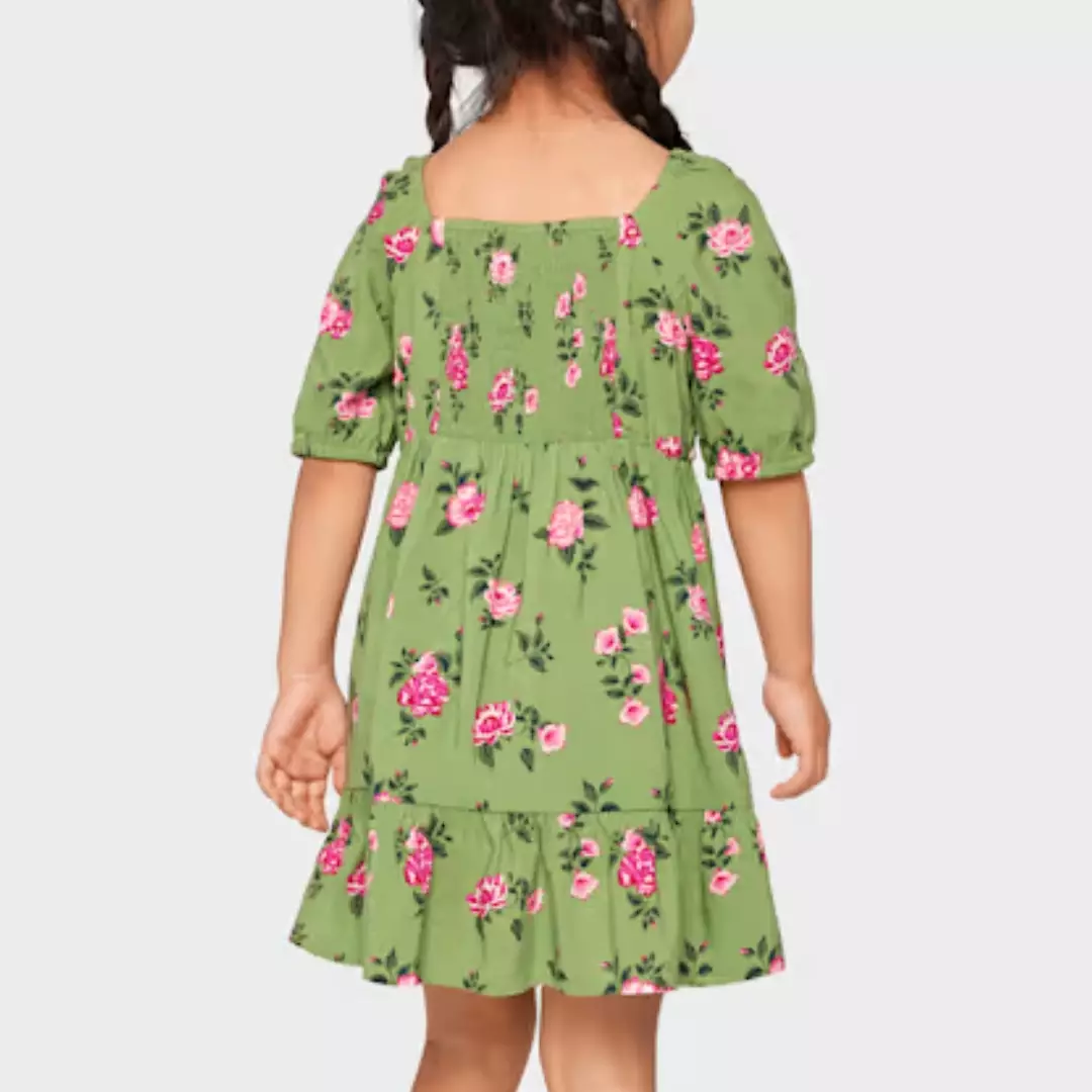 Toddler Girls Floral Pleated Ruffle Dress - Baju Bayi Perempuan (Hijau)