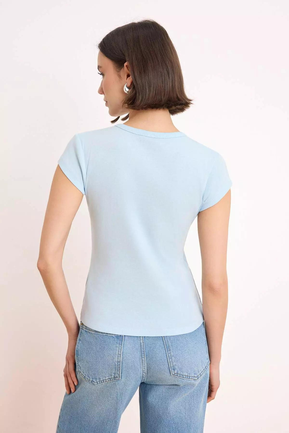 Light/Baby Blue Buttoned Fitted/Bodycon Knitted Blouse Twoss25Bz281