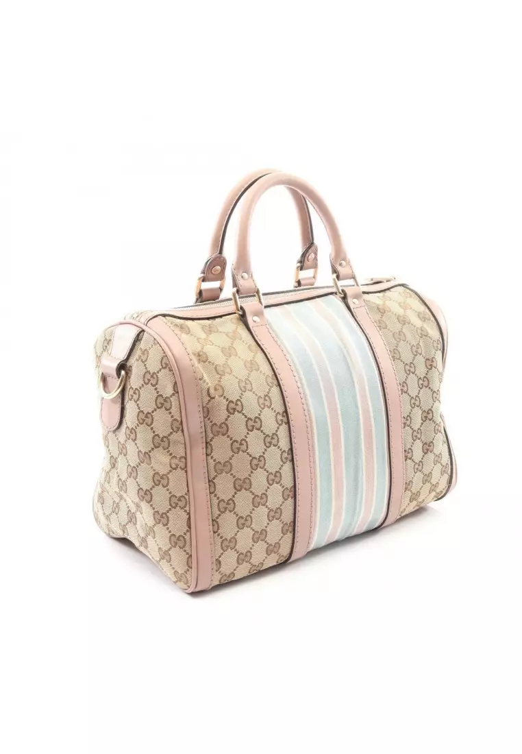 Pre-Loved Gucci webbing line GG canvas 2WAY Handbag mini boston bag canvas leather beige pink beige