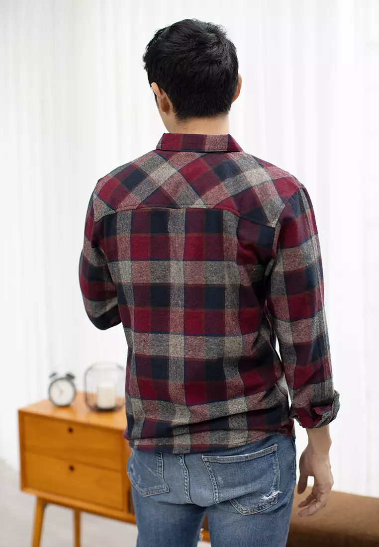 Kemeja Flannel tangan panjang cotton oxcon Maroon Navy