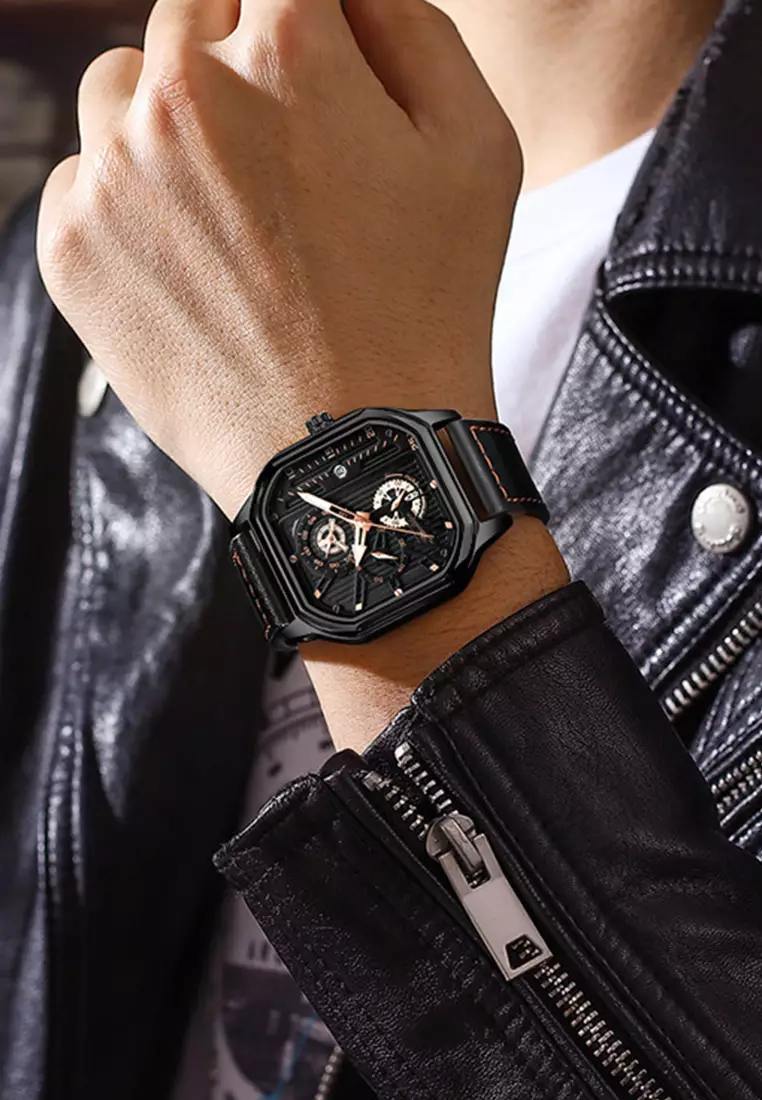 Jam Tangan Pria 9095 Kuarsa Olahraga Kasual Tali Kulit Pria Jam Tangan Cowok allblack