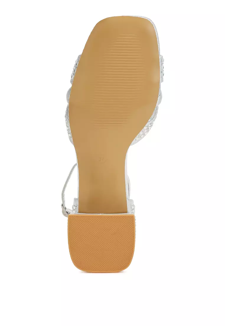 Low Block Heel Rhinestone Sandals in Silver