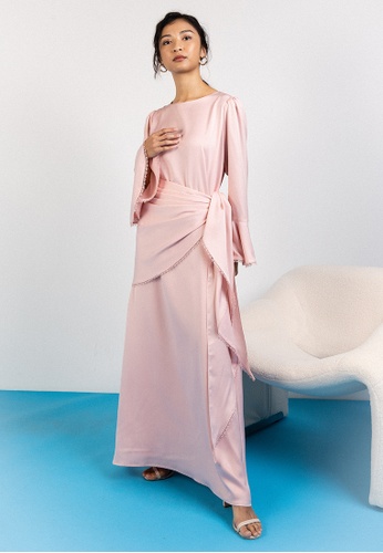 Lubna pink Satin Abaya Dress With Trimmings 4A266AA3C9A8FEGS_1
