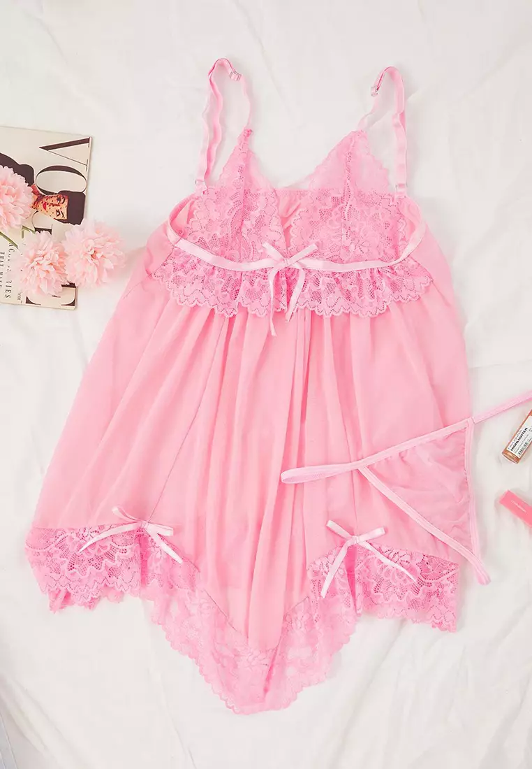Pink Tulle Ribbon/Bow And Lace Detailed Uncovered Pantyhose Babydoll/Fantasy Nightgown