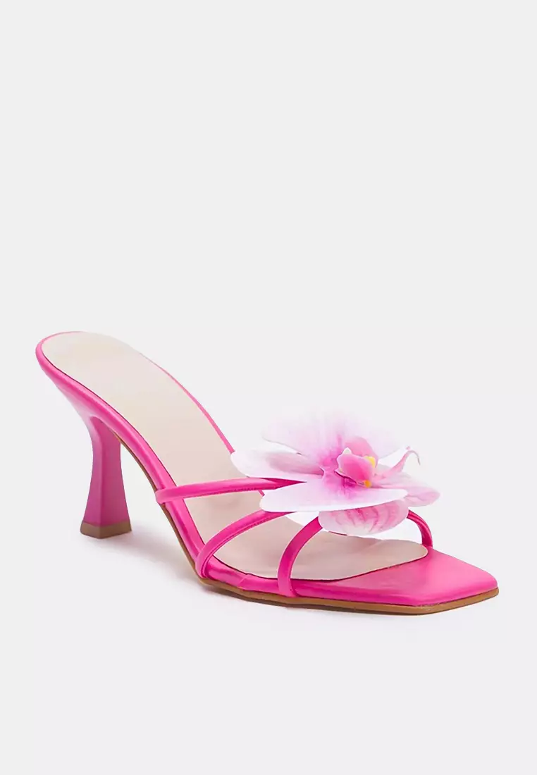 Fuchsia Flower Detail Square Toe Women Thin Heels Slippers Takss25To00106